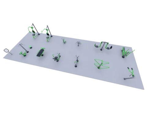 ExoFit Wellness Hub outdoor fitness equipment package with strength, cardio, and flexibility stations for parks, schools, and community wellness areas