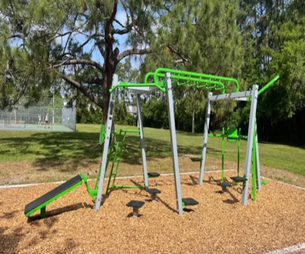 Green, compact Exofit outdoor fitness station with pull-up bars, monkey-bar design in a park setting.