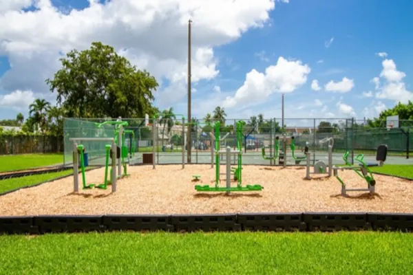 Multiple green-and-gray ExoFit community fitness stations in a park, featuring pull-up bars and strength-training equipment in the outdoors