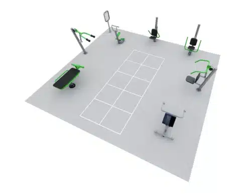 ExoFit PowerFlex Zone with outdoor strength and cardio fitness equipment arranged around agility grid.