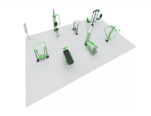 ExoFit Strength+Cardio Circuit outdoor fitness equipment set with multiple workout stations for strength and cardio training.