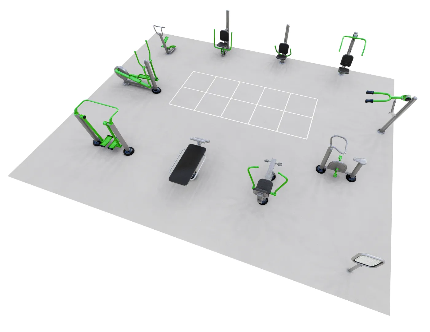 ExoFit Dynamic Training Zone outdoor fitness setup featuring multiple workout stations for strength, cardio, and agility training.
