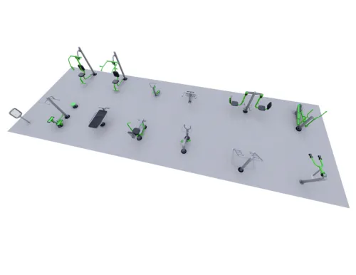 ExoFit Wellness Hub outdoor fitness equipment package with strength, cardio, and flexibility stations for parks, schools, and community wellness areas