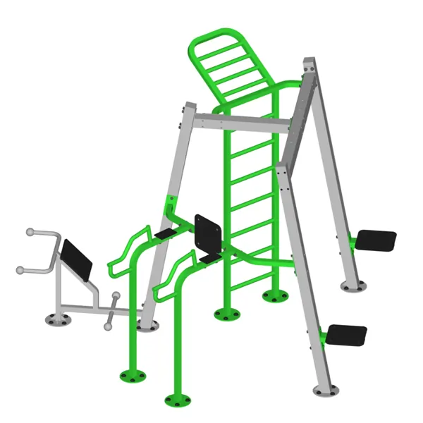 ExoFit CagePod 2 outdoor fitness station with sit-up bench, push-up bars, step-up platforms, and pull-up bar