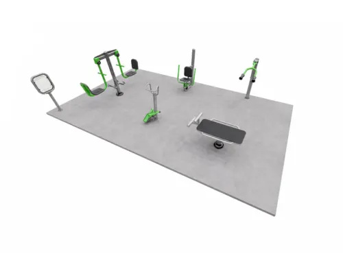 ExoFit Flex Zone outdoor fitness equipment package with multi-station strength and cardio training systems for parks and community spaces.